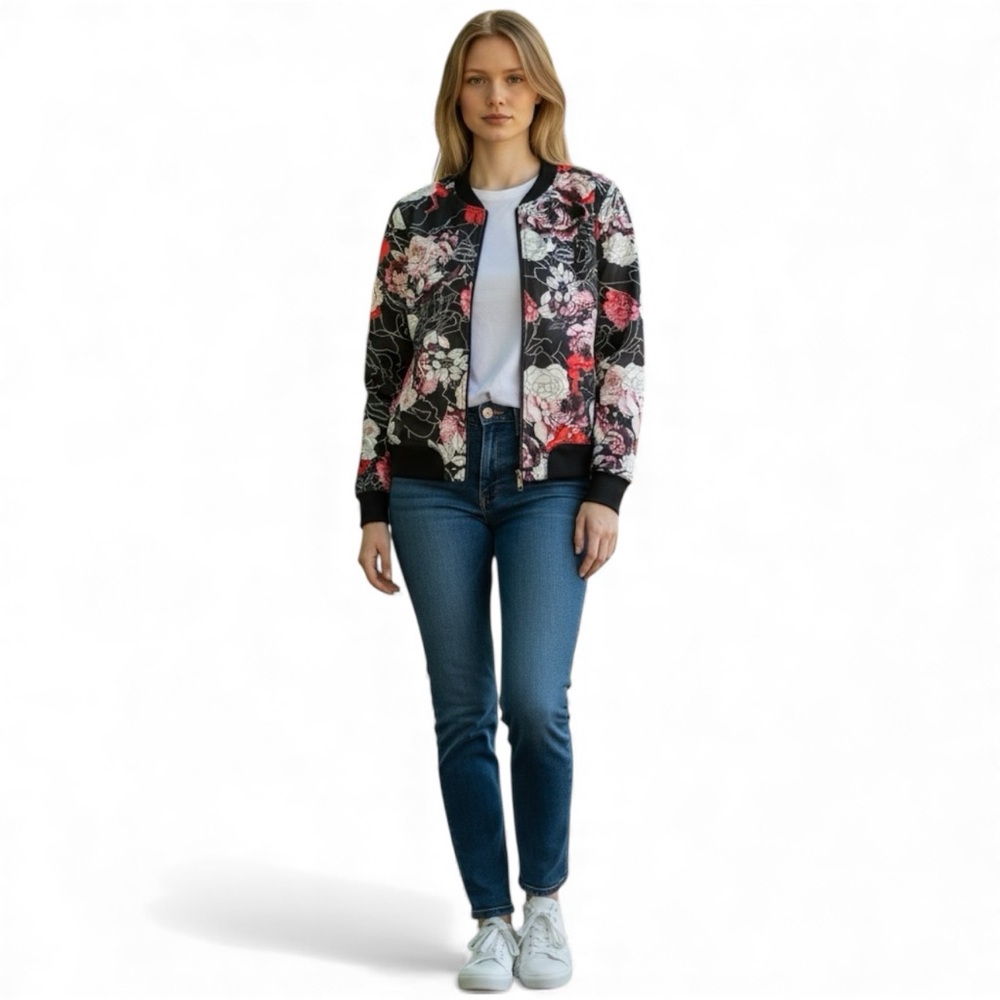 Bebe Sport Y2K Floral Zip Up Bomber Jacket Coat Black Red XL Vintage Streetwear - Picture 6 of 7